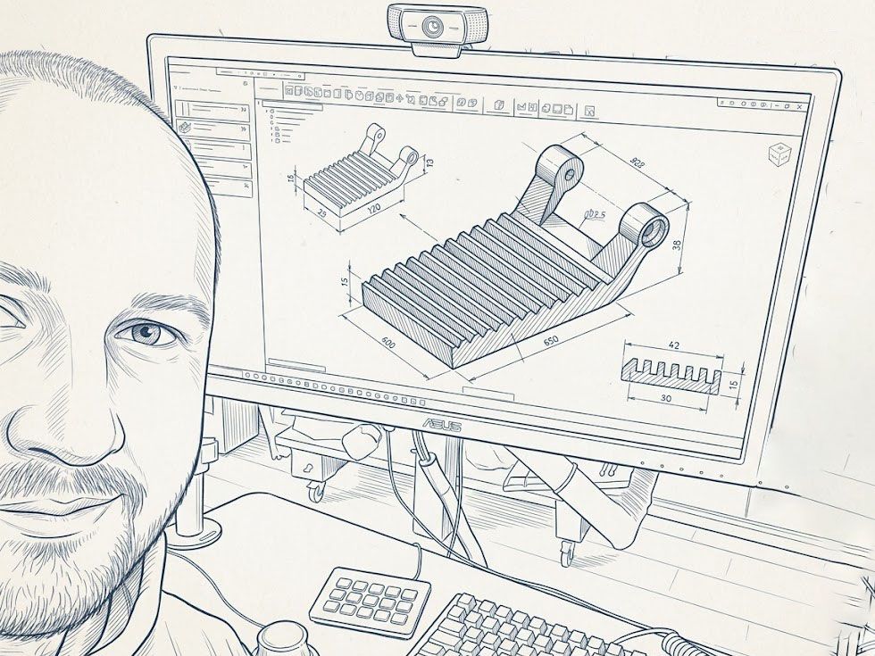 Illustration: vor dem Monitor mit Fusion 360 und CAD-Konstruktion