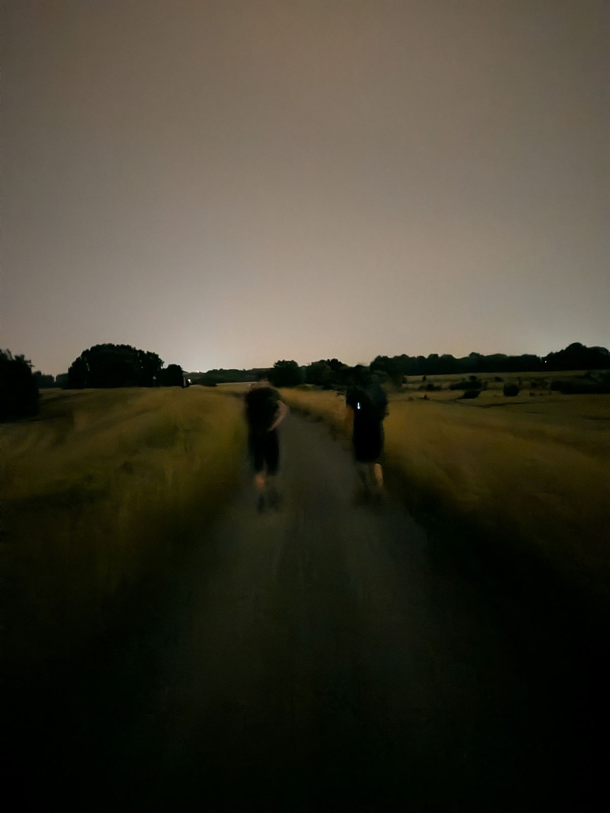 Zwei Wanderer von hinten auf einem Feldweg in der Dunkelheit, nur schwach von Stirnlampen beleuchtet.