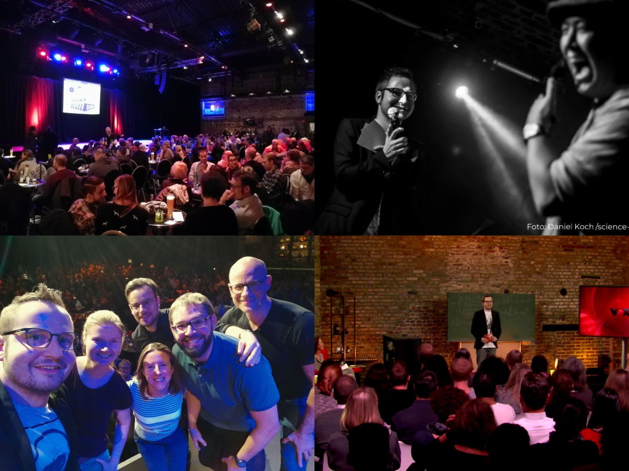 Collage aus vier Science-Slam-Momenten: Pantheon-Saal, Spotlight-Auftritt, LUUPS-Team-Selfie, Tafel-Vortrag