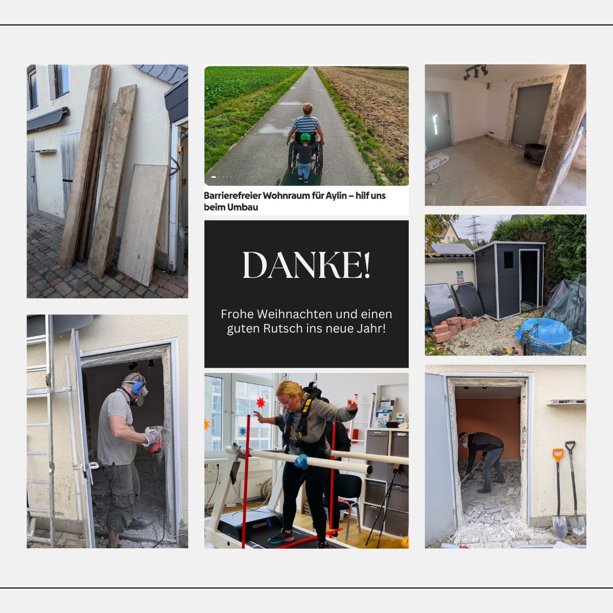 Collage zum Jahresende 2025: Umbau-Fortschritte, Aylins Gehtraining und ein DANKE!