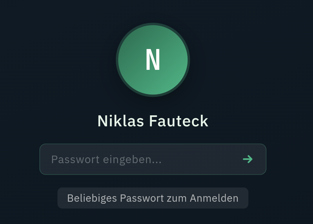 Login-Screen der Betriebssystem-Variante mit grünem N-Avatar und Passwortfeld