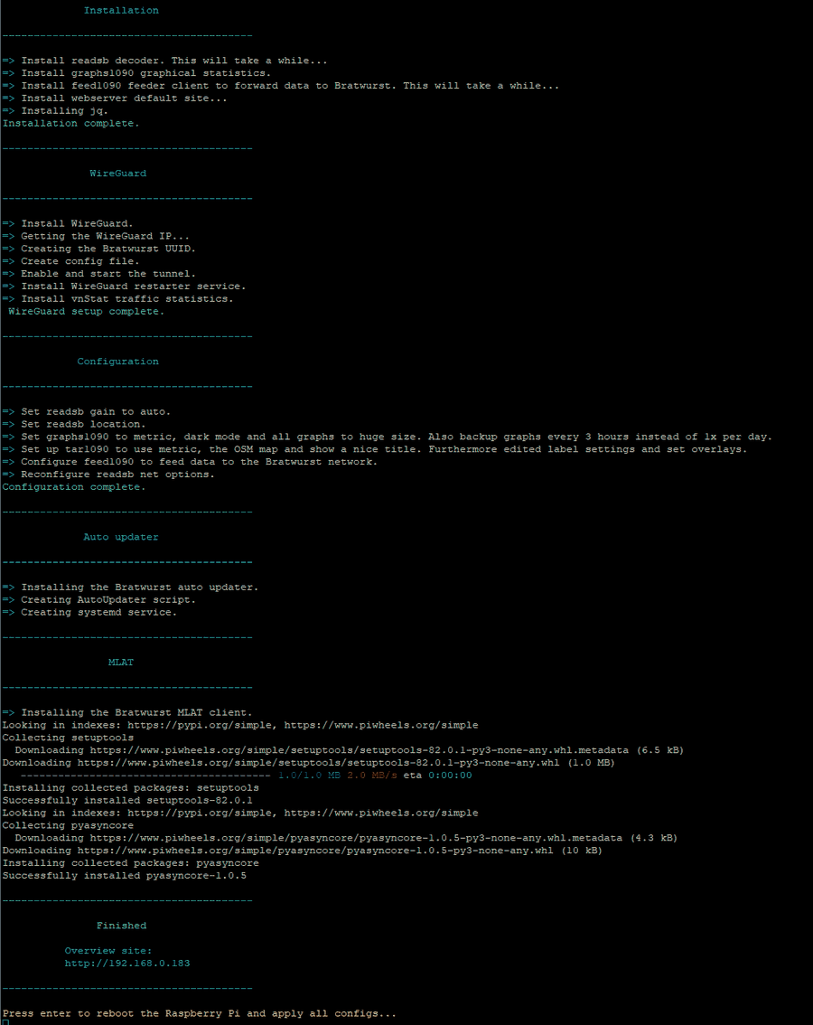 Terminal-Ausgabe der automatischen Einrichtung auf dem Raspberry Pi: readsb, graphs1090, WireGuard-Tunnel und MLAT-Client werden installiert und konfiguriert.