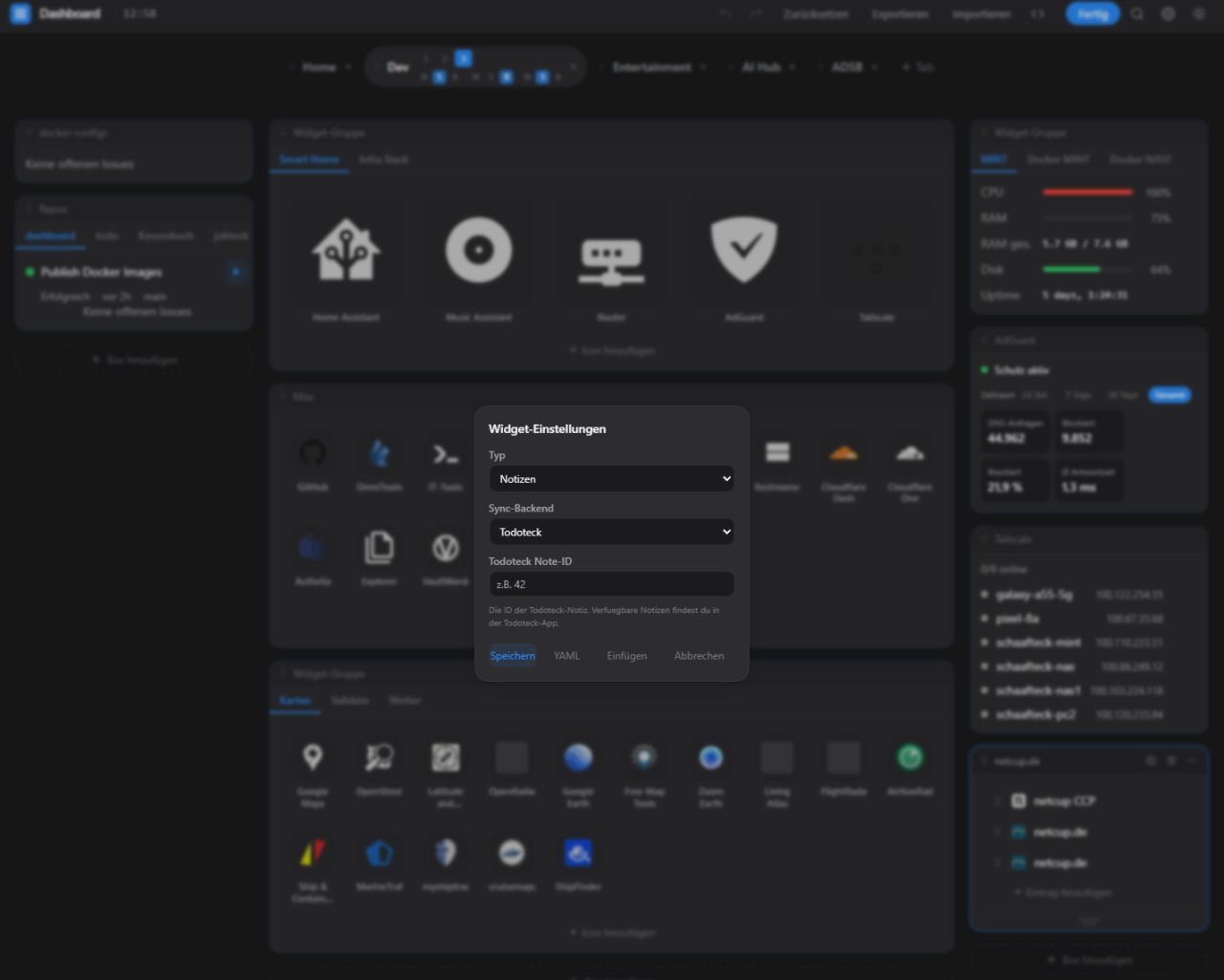 Dashboard im Dark Mode: Widget-Einstellungen mit Todoteck-Integration