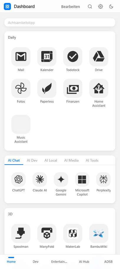 Dashboard in der mobilen Ansicht: Daily-Apps und KI-Chat im Light Mode