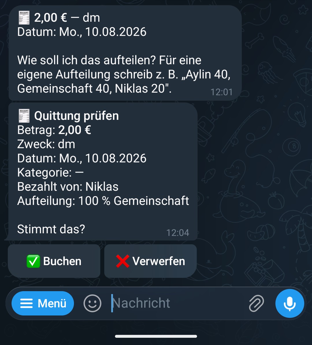 Telegram-Chat mit dem Todoteck-Bot: Zusammenfassung Quittung prüfen mit Betrag, Zweck, Datum, Bezahler und Aufteilung, darunter die Knöpfe Buchen und Verwerfen