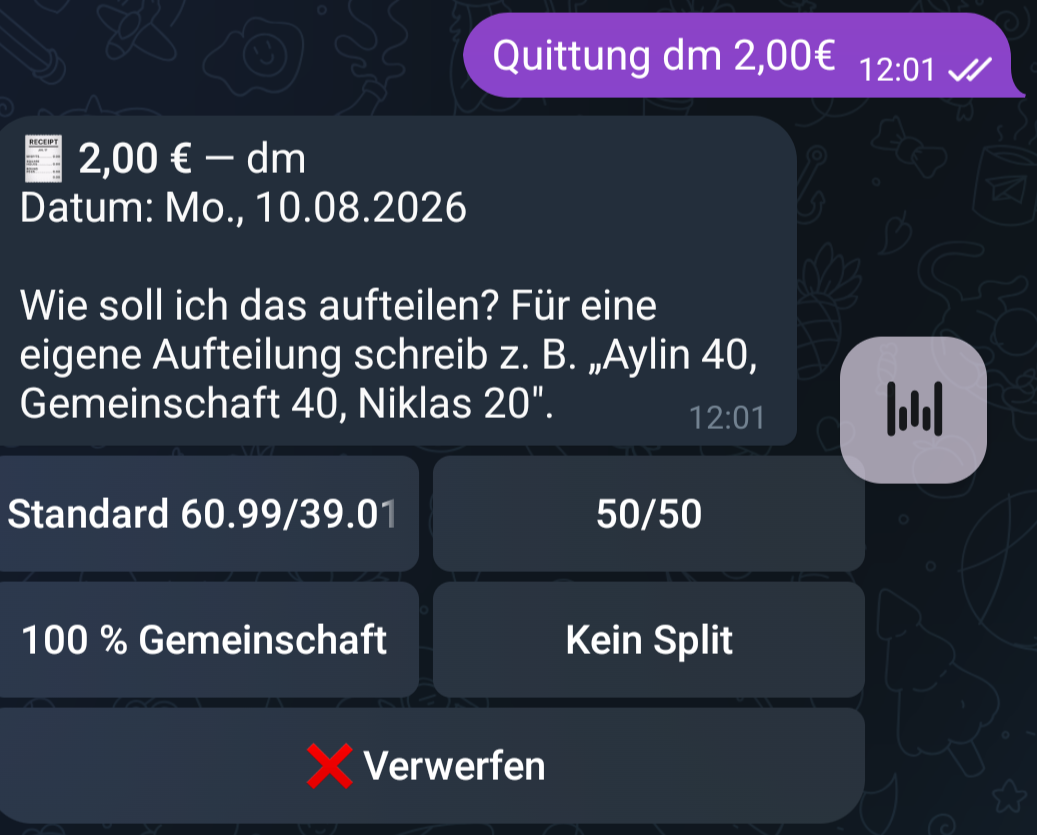 Telegram-Chat mit dem Todoteck-Bot: Nachricht Quittung dm 2 Euro, der Bot zeigt Betrag und Datum und fragt nach der Aufteilung, darunter Knöpfe für Standard-Split, 50/50, 100 Prozent Gemeinschaft, Kein Split und Verwerfen
