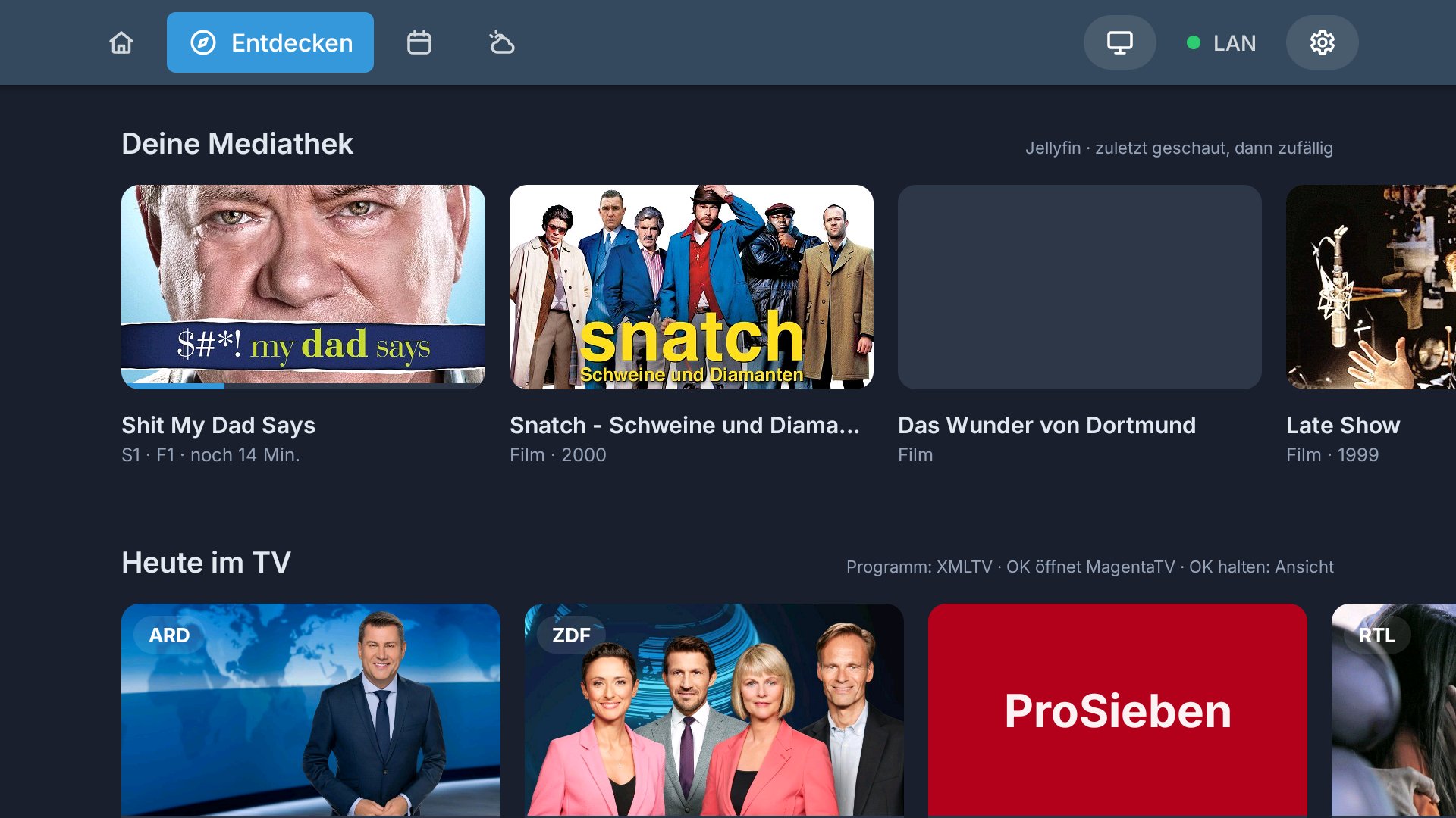 Entdecken: oben unsere Mediathek aus Jellyfin, darunter Heute im TV mit ARD, ZDF, ProSieben und RTL