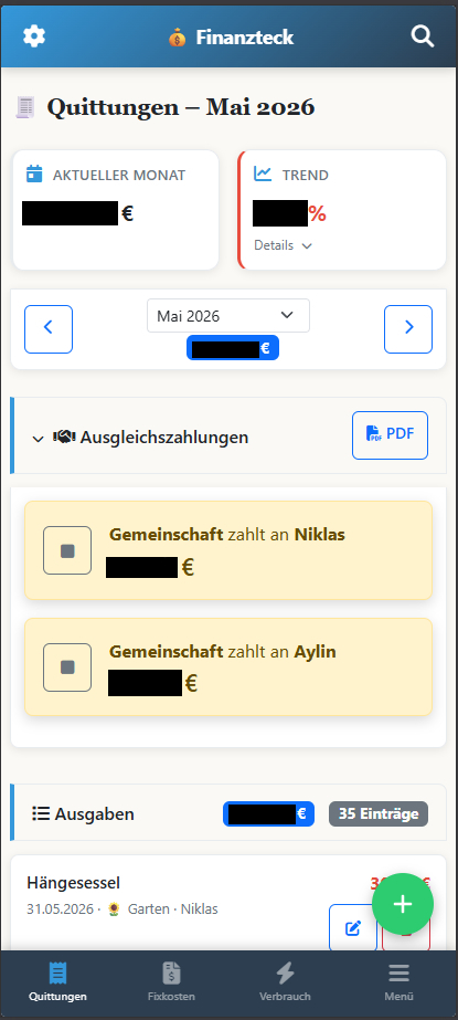 Finanzteck auf dem Handy: die Quittungen-Ansicht für Mai 2026 mit den Ausgleichszahlungen. Gemeinschaft zahlt an Niklas, Gemeinschaft zahlt an Aylin. Darunter die Ausgabenliste.