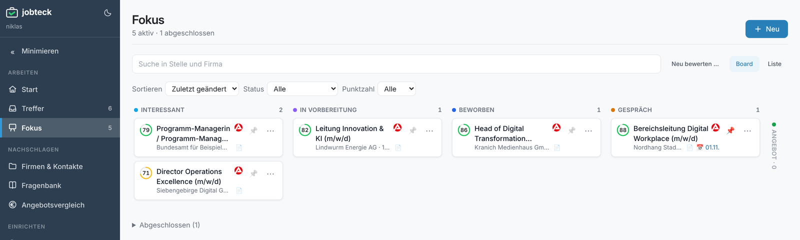 Das Fokus-Board in Jobteck mit Demodaten: Spalten für Interessant, In Vorbereitung, Beworben und Gespräch, je Stelle eine Karte mit Punktzahl.