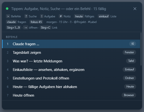 Die Befehlspalette von Tecki: oben die Kurzschrift-Hinweise, darunter die Befehle „Claude fragen