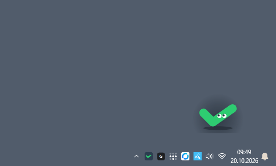 Tecki, der grüne Haken mit Augen, sitzt unten rechts auf meinem Windows-Desktop direkt auf der Taskleiste.