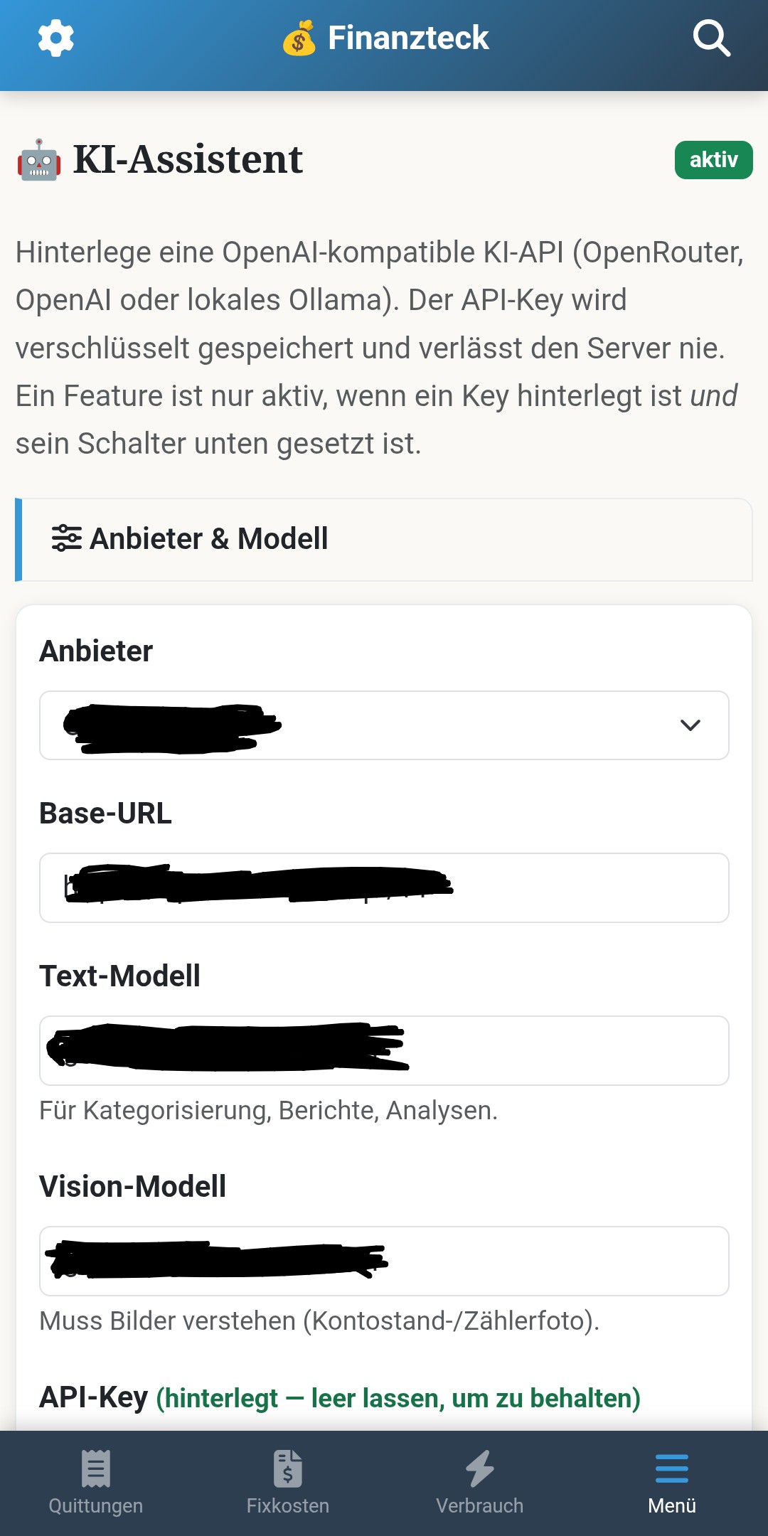 Finanzteck-Einstellungen für den KI-Assistenten: Anbieter, Base-URL, Text- und Vision-Modell