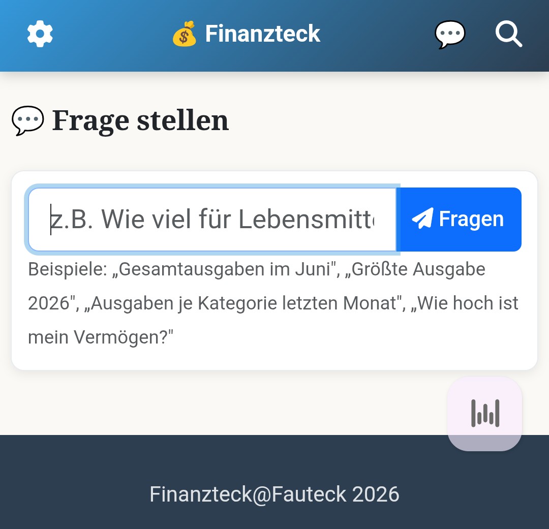 Die Frage-Box in Finanzteck mit Beispielfragen wie 