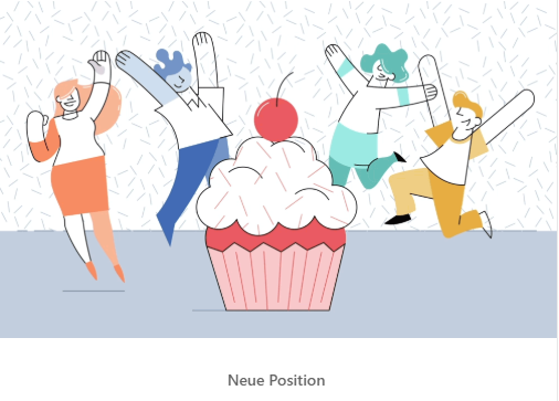 Illustration: jubelnde Menschen um einen Cupcake, dazu der Schriftzug Neue Position