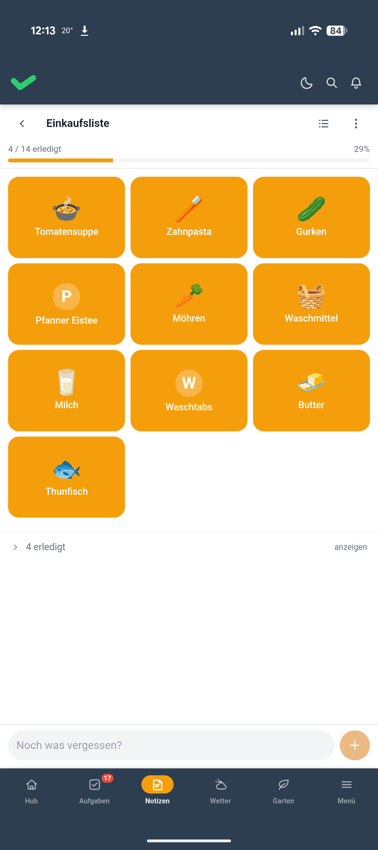 Die Einkaufsliste in der Todoteck-App auf dem Handy, ein Kachelraster mit Emojis, Möhren steht zwischen Zahnpasta und Waschmittel