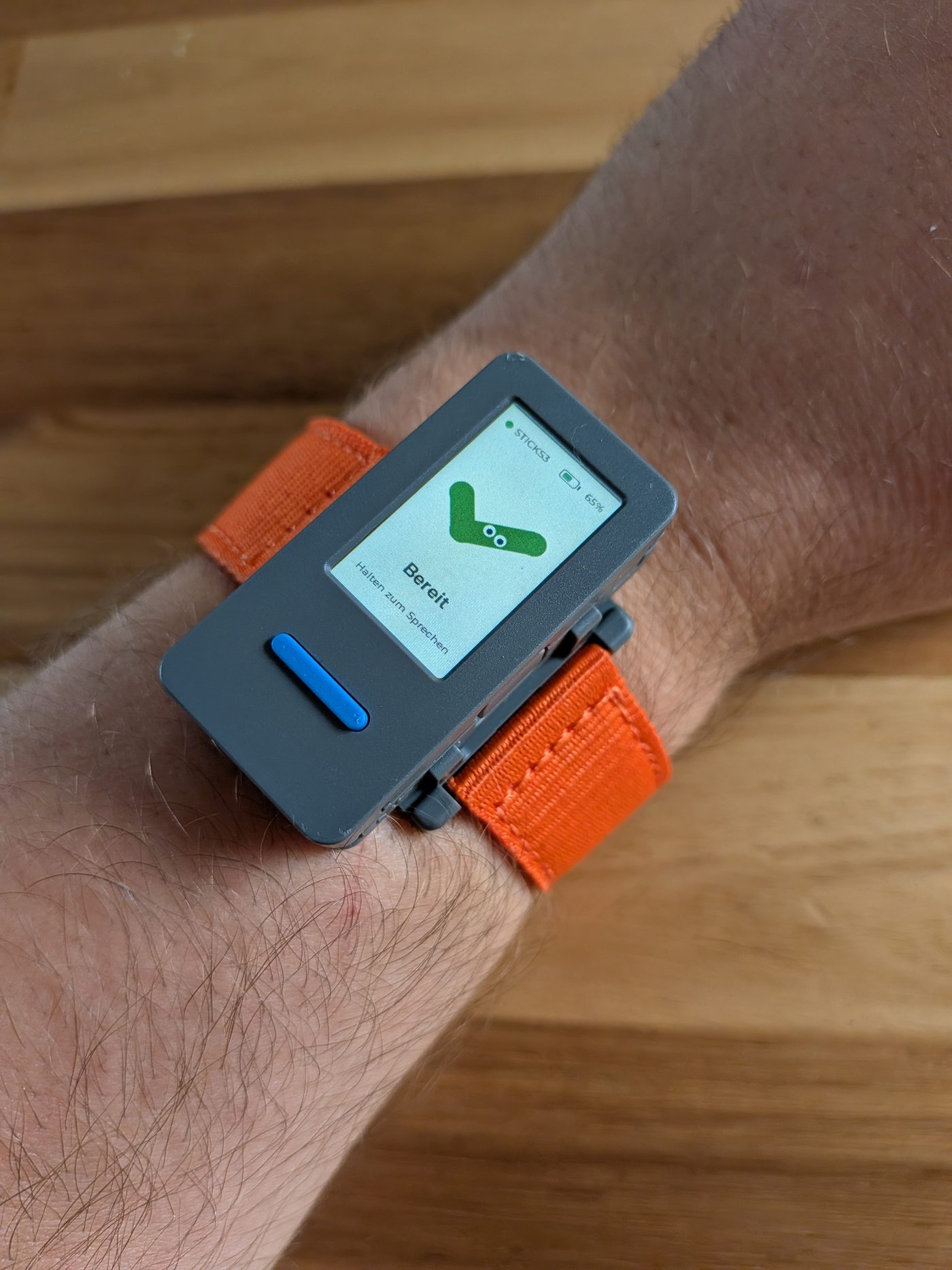 Der kleine Stick an einem orangen Armband auf meinem Handgelenk. Auf dem Display der grüne Todoteck-Haken mit zwei Augen, darunter steht Bereit und Halten zum Sprechen