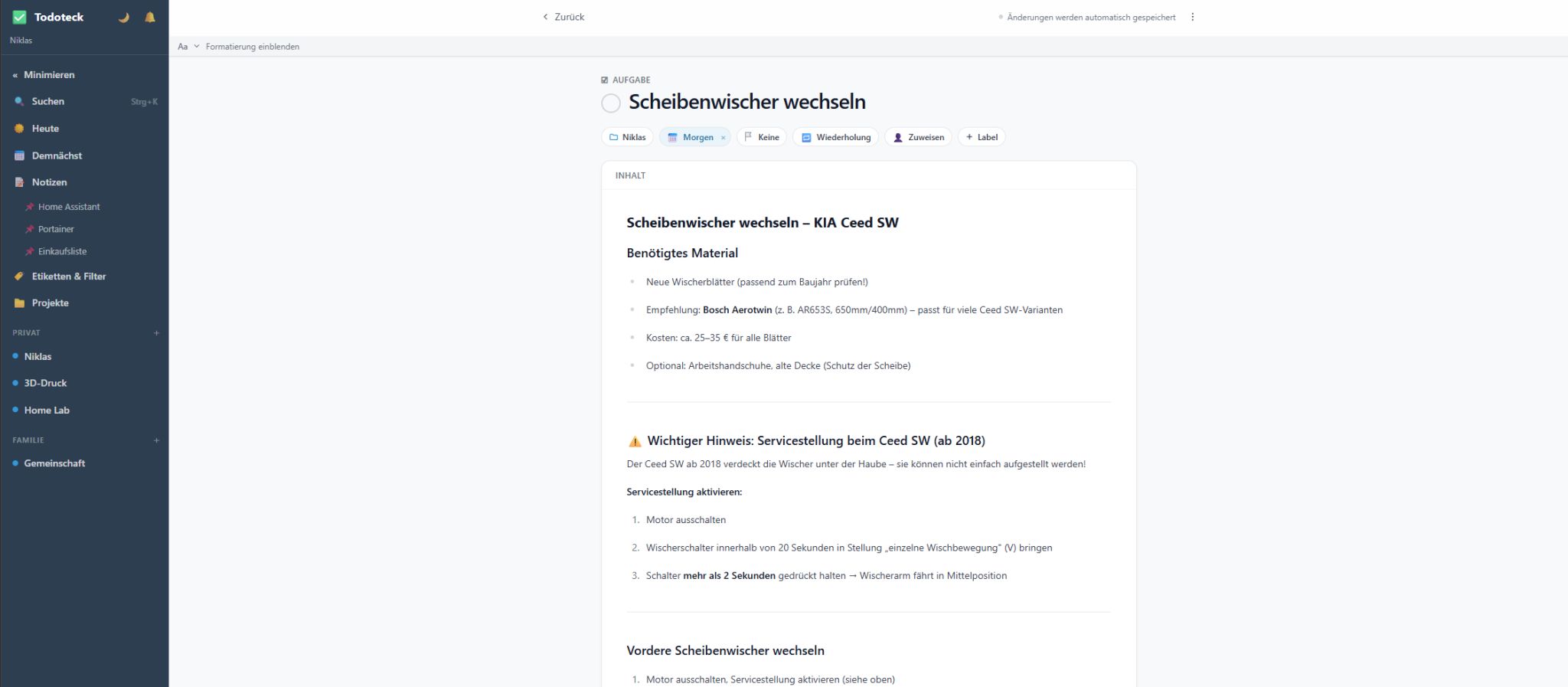 Todoteck-Aufgabe: Scheibenwischer wechseln am KIA Ceed SW mit Anleitung und Material-Liste