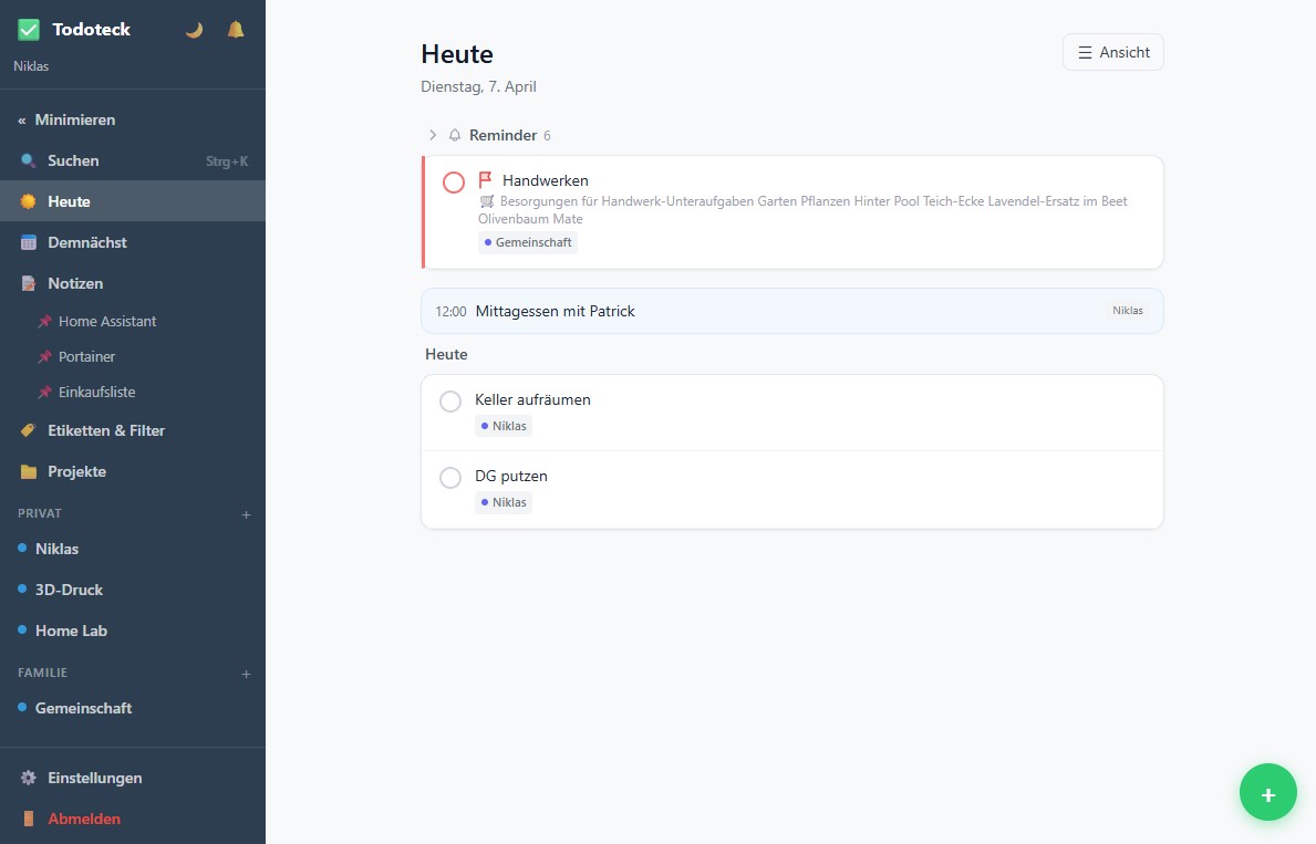 Todoteck Desktop-Ansicht mit Sidebar und Heute-Übersicht