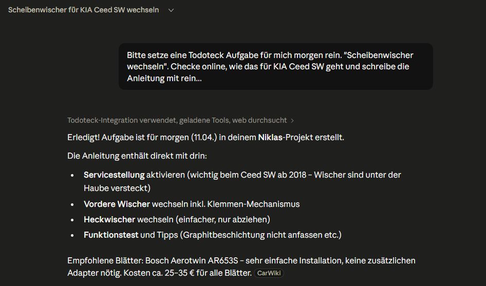 Claude erstellt per MCP eine Todoteck-Aufgabe