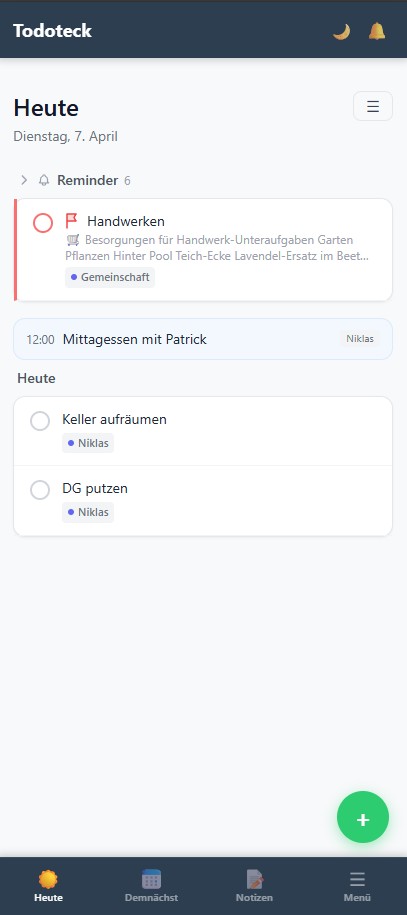 Todoteck Mobile-Ansicht: Heute-Liste mit Reminder, Mittagessen und zwei Aufgaben