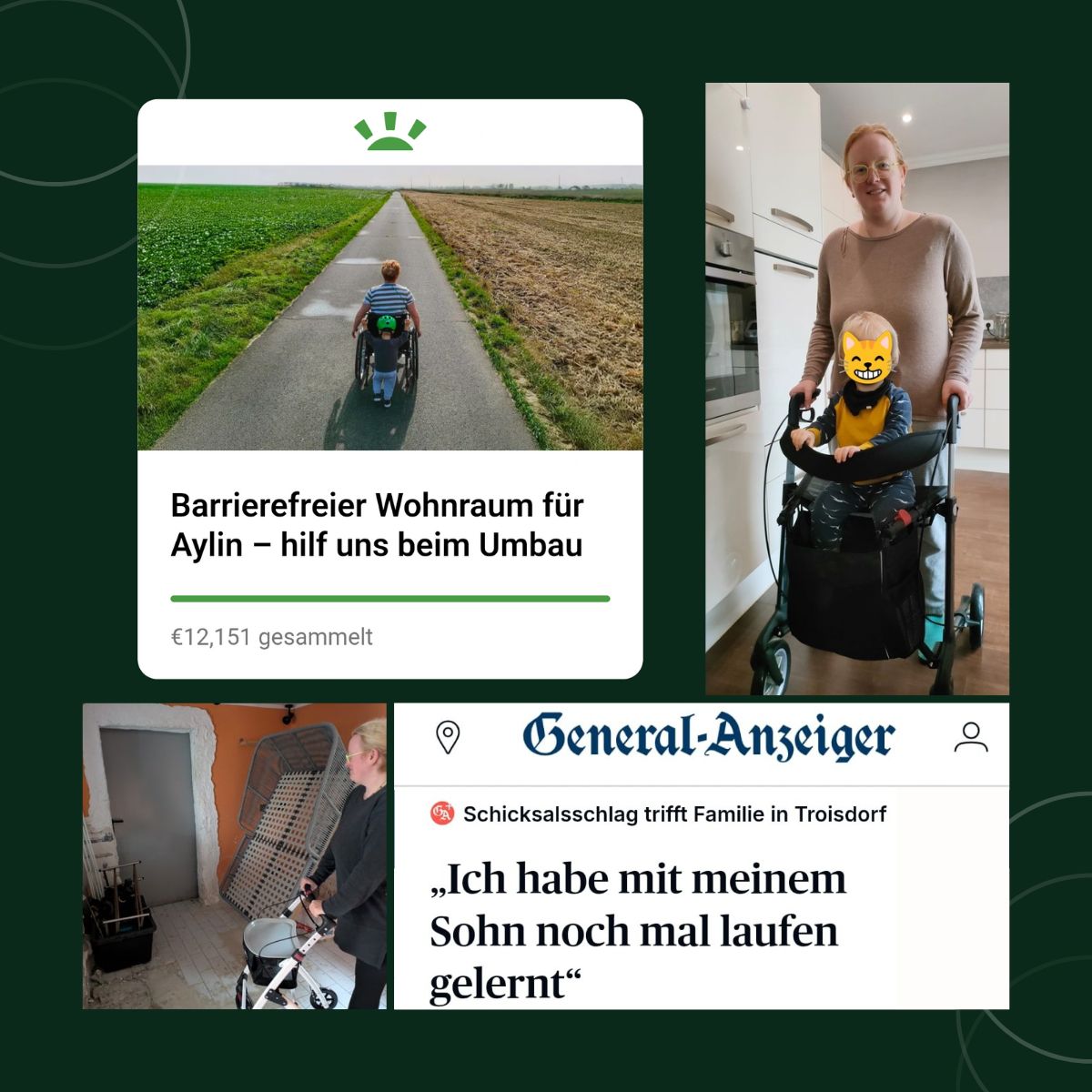 Collage: GoFundMe-Kampagnenbild mit Spendenstand, Aylin mit Sohn am Rollator in der Küche, Aylin vor herausgerissenen Fliesen, General-Anzeiger-Artikel