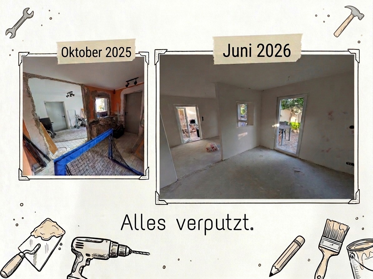 Der frisch verputzte Anbau. Glatte Wände rundum, sauber verputzte Fenster und Türen. Zum ersten Mal wirkt der Rohbau wie ein echtes Zimmer.