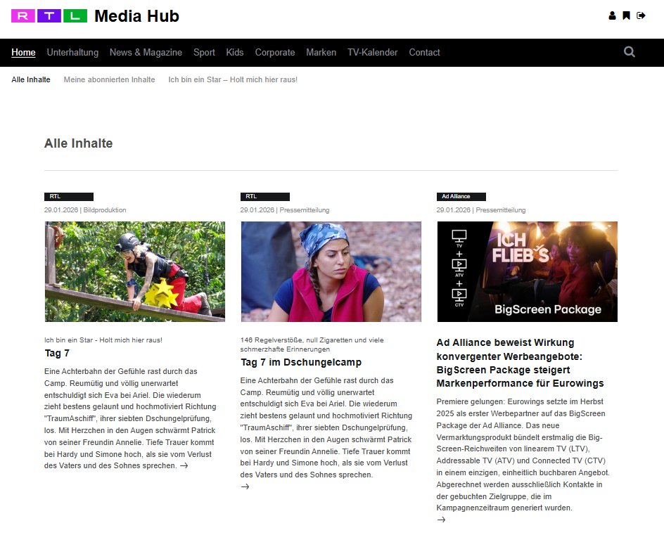 Screenshot des Media Hub - Zentrale Kommunikationsplattform für RTL Deutschland