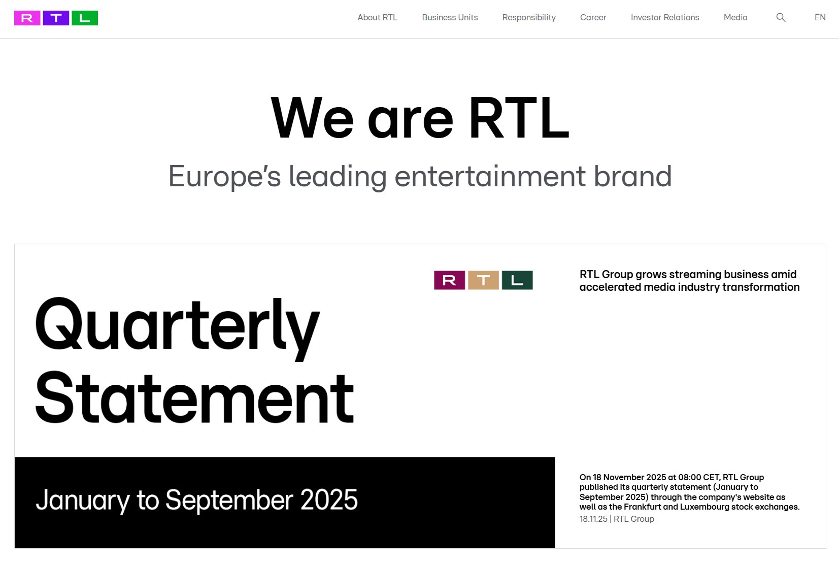 Screenshot RTL Group Website - We are RTL, Europe's leading entertainment brand